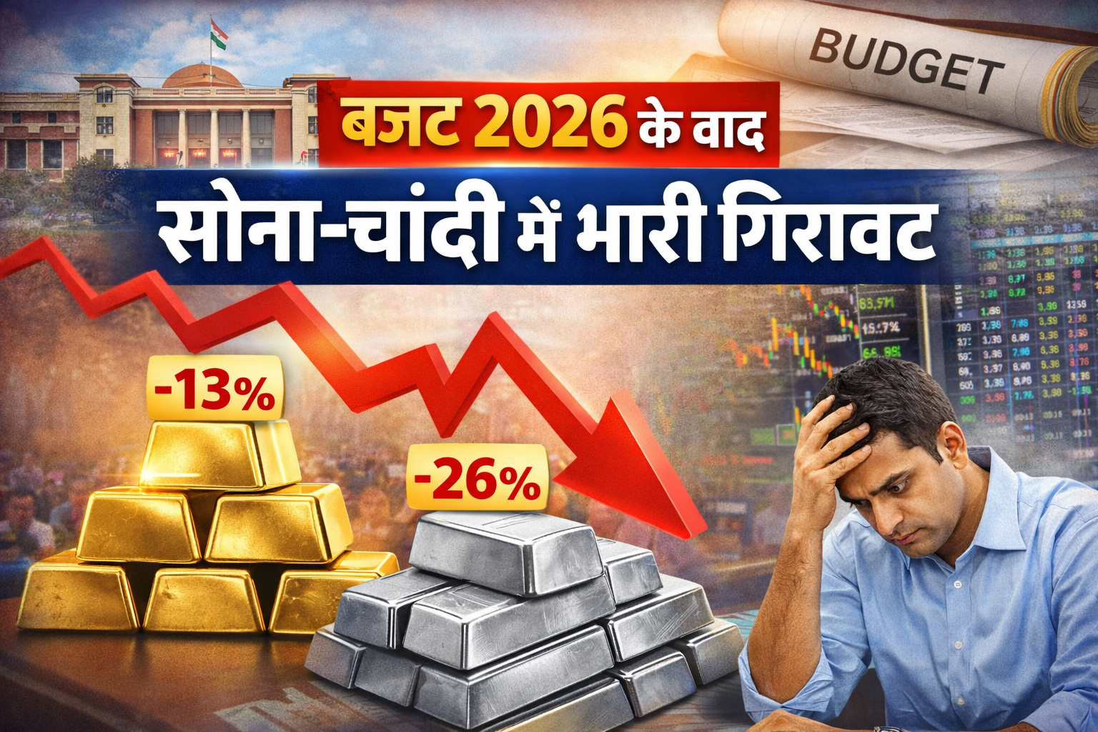 बजट 2026 के बाद सोना और चांदी की कीमतों में भारी गिरावट, निवेशकों को बड़ा झटका