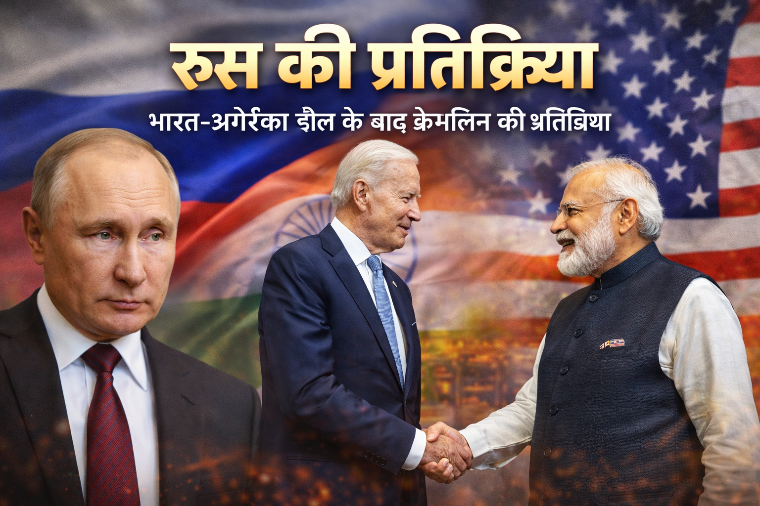 भारत अमेरिका ट्रेड डील के बाद रूस की प्रतिक्रिया, पीएम मोदी और अमेरिकी राष्ट्रपति के साथ पृष्ठभूमि में रूसी राष्ट्रपति