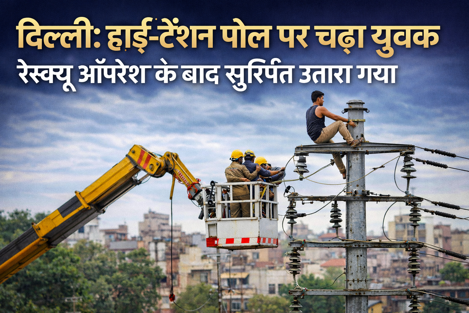 दिल्ली में हाई टेंशन बिजली के पोल पर चढ़े युवक को रेस्क्यू टीम ने सुरक्षित नीचे उतारा