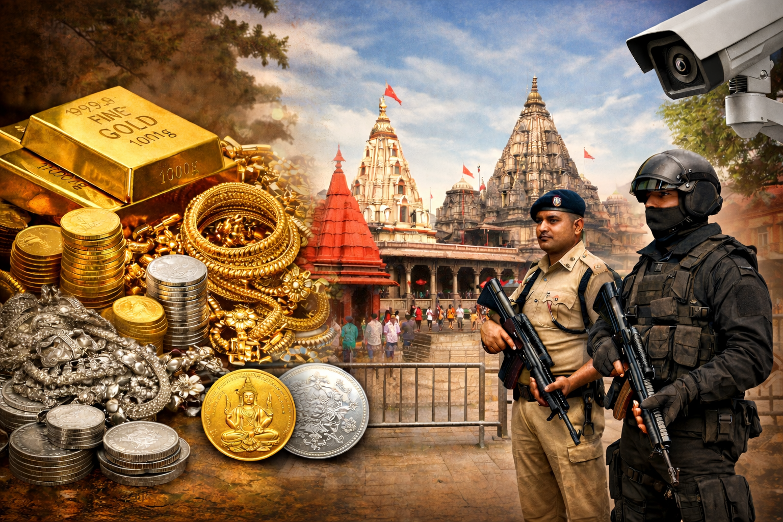 उज्जैन के मंदिरों में बढ़ी सुरक्षा के बीच सोने-चांदी के आभूषण और महाकाल मंदिर का दृश्य