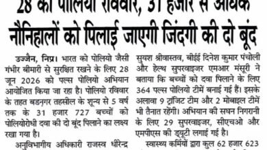 उज्जैन जिले में 28 जून को आयोजित पल्स पोलियो अभियान में 31 हजार से अधिक बच्चों को पोलियो की दो बूंद पिलाई जाएगी।