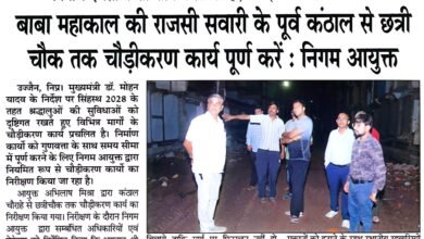 उज्जैन में बाबा महाकाल की राजसी सवारी से पूर्व कंटाल से छत्री चौक तक चल रहे सड़क चौड़ीकरण कार्य का निरीक्षण करते निगम आयुक्त और अधिकारी