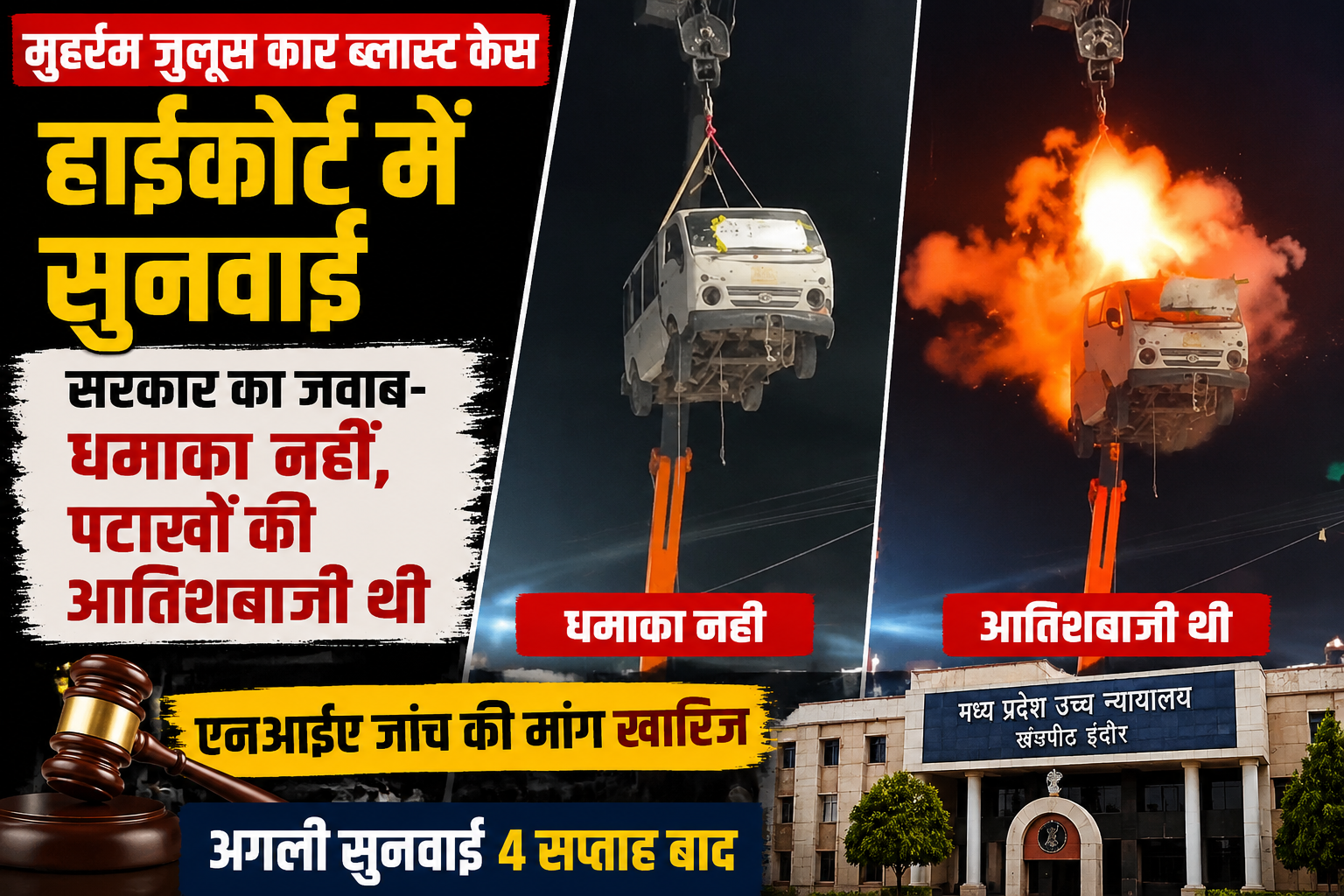 बड़नगर मुहर्रम जुलूस के दौरान क्रेन से हवा में लटकाई गई कार और हाईकोर्ट में सुनवाई से जुड़ा मामला।