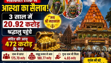 महाकालेश्वर ज्योतिर्लिंग और महाकाल मंदिर का दृश्य, जहां रिकॉर्ड संख्या में श्रद्धालु दर्शन के लिए पहुंचे।
