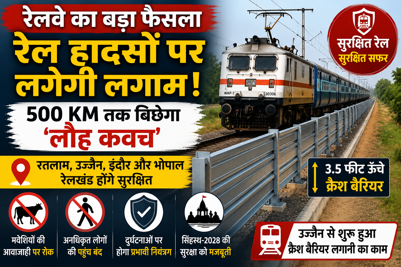 रतलाम, उज्जैन, इंदौर और भोपाल रेलखंड पर लगाए जा रहे क्रैश बैरियर की सांकेतिक तस्वीर