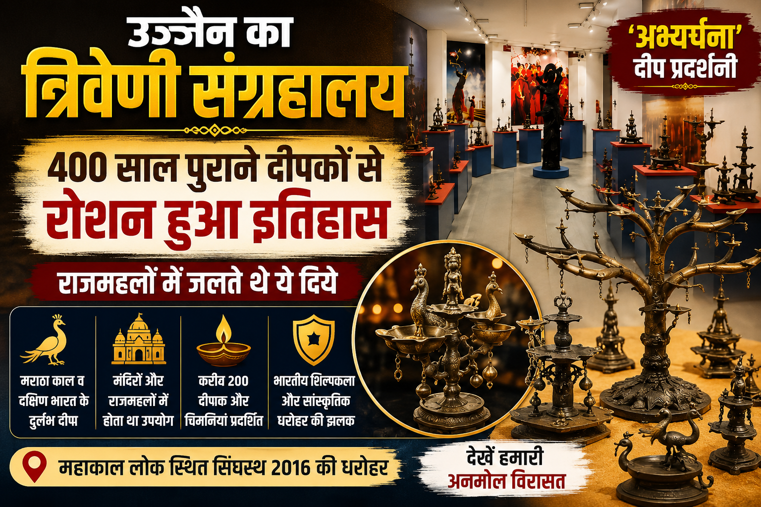 महाकाल लोक स्थित त्रिवेणी कला एवं पुरातत्व संग्रहालय में प्रदर्शित 400 वर्ष पुराने मराठा कालीन और पारंपरिक धातु के दीपक