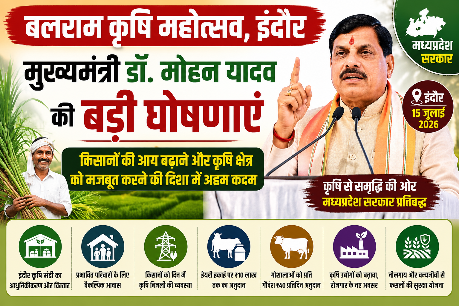 इंदौर में आयोजित राज्य स्तरीय बलराम कृषि महोत्सव में मुख्यमंत्री डॉ. मोहन यादव किसानों के लिए नई योजनाओं और कृषि विकास से जुड़ी घोषणाएं करते हुए।