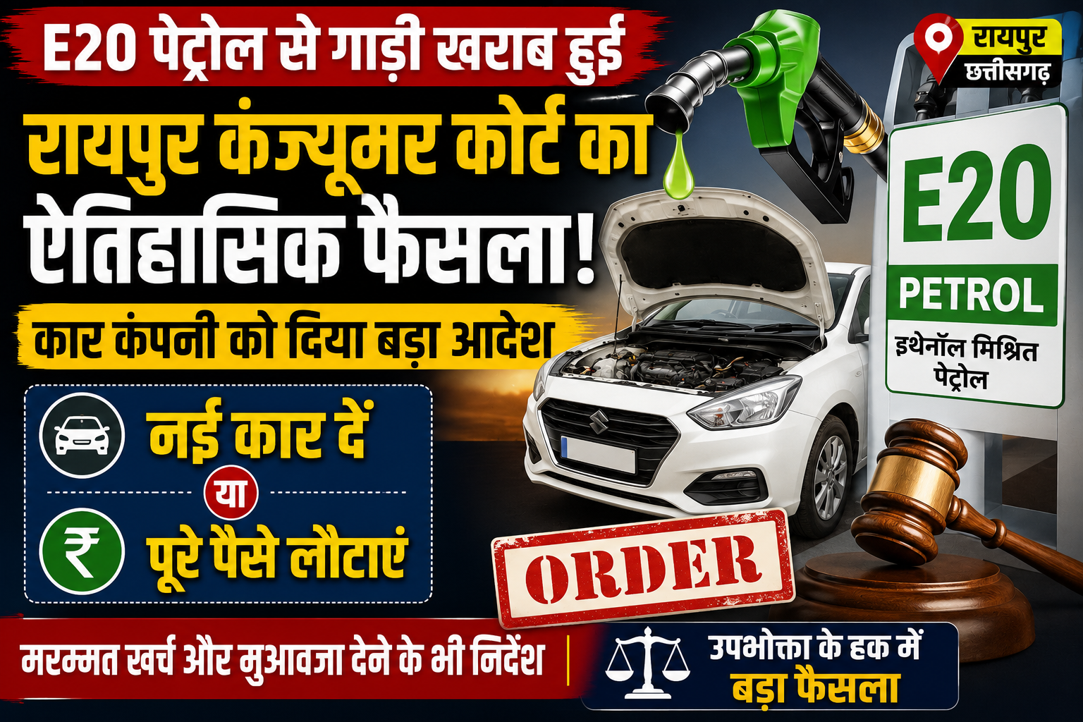 E20 पेट्रोल विवाद पर बड़ा फैसला: रायपुर कंज्यूमर कोर्ट ने कार कंपनी को नई गाड़ी या पैसे लौटाने का आदेश