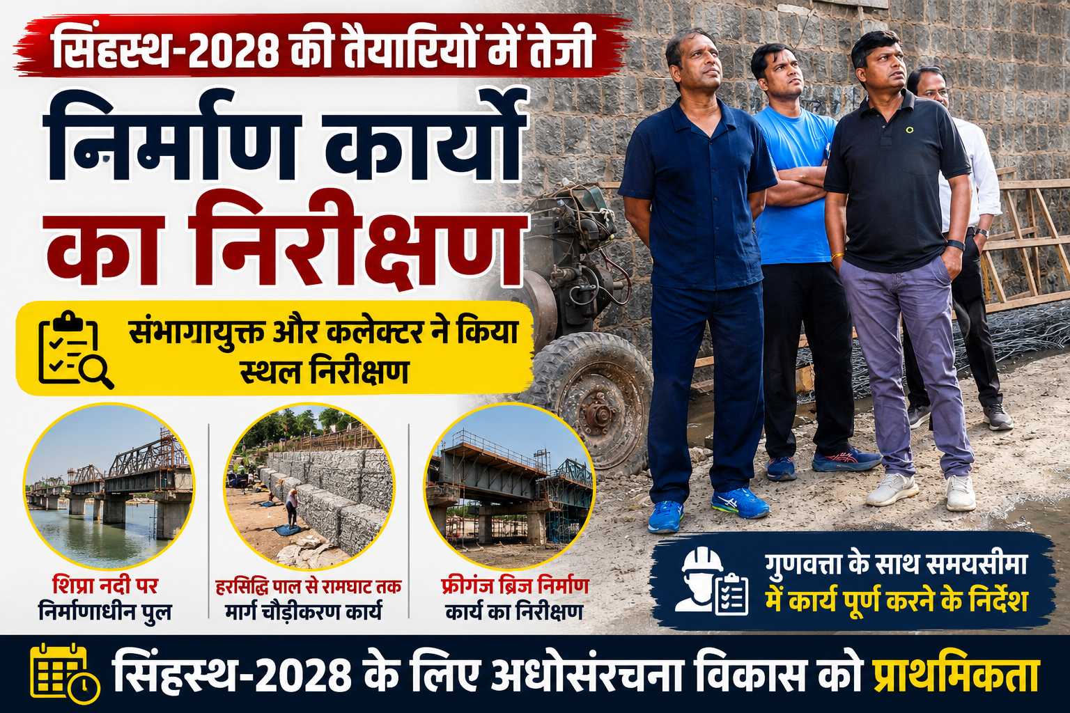 सिंहस्थ-2028 की तैयारियों के तहत उज्जैन में निर्माणाधीन कार्यों का निरीक्षण करते संभागायुक्त आशीष सिंह और कलेक्टर रौशन कुमार सिंह।