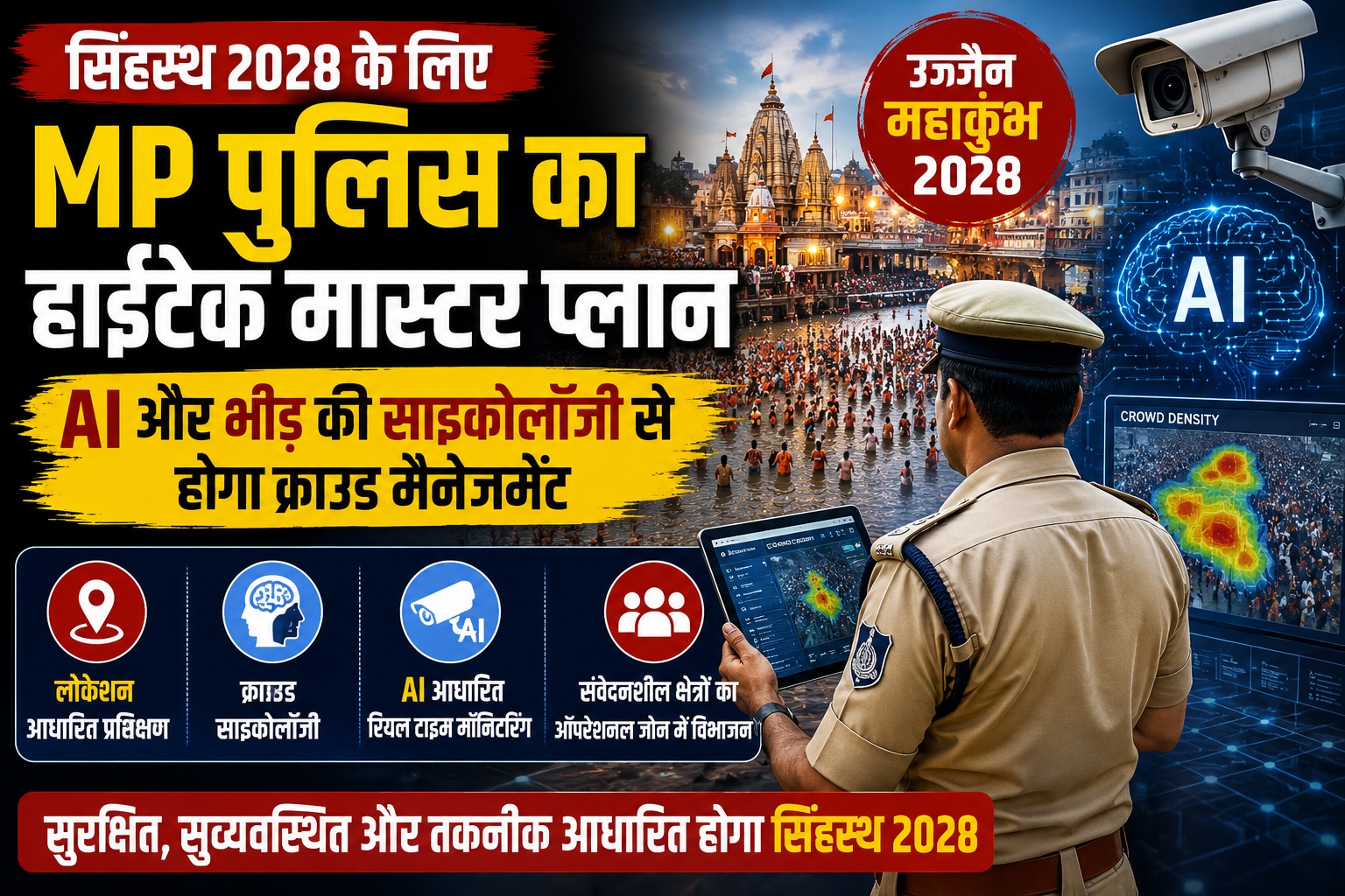 उज्जैन सिंहस्थ 2028 के लिए AI आधारित क्राउड मैनेजमेंट और हाईटेक सुरक्षा व्यवस्था दर्शाता प्रतीकात्मक दृश्य।