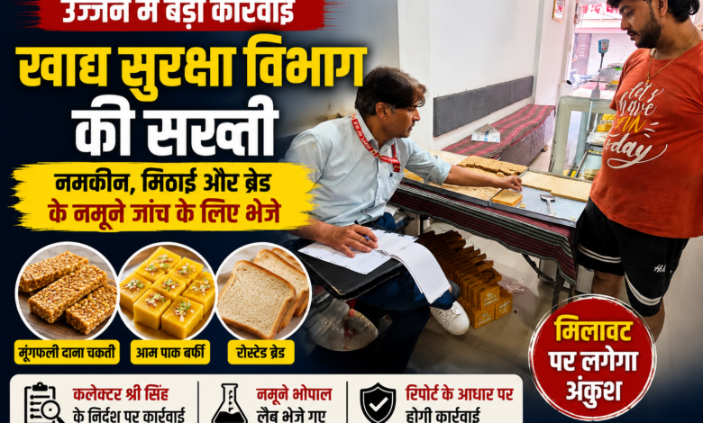 उज्जैन में खाद्य सुरक्षा विभाग के अधिकारी द्वारा मिठाई और बेकरी प्रतिष्ठान से खाद्य पदार्थों के नमूने लेते हुए निरीक्षण।