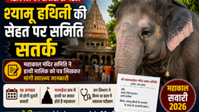 महाकाल मंदिर की सवारी में शामिल होने वाली श्यामू हथिनी, स्वास्थ्य की जानकारी लेने के लिए मंदिर समिति द्वारा मालिक को पत्र भेजे जाने से जुड़ी तस्वीर।
