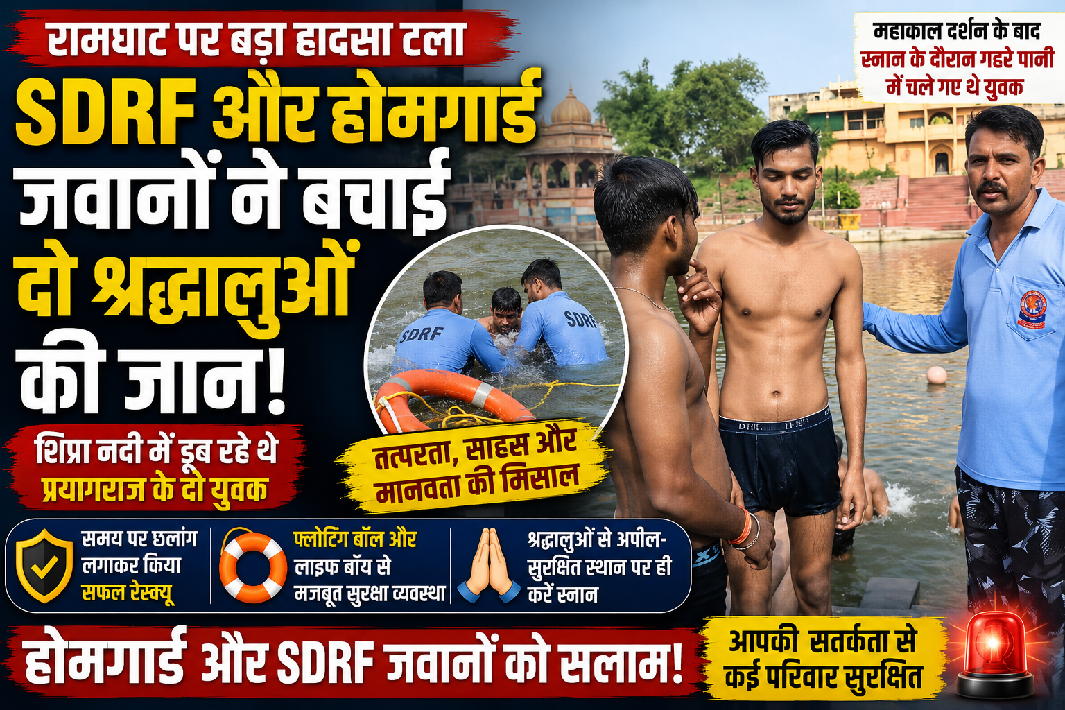 उज्जैन के रामघाट पर शिप्रा नदी में डूब रहे प्रयागराज के दो श्रद्धालुओं को SDRF और होमगार्ड जवानों ने सुरक्षित रेस्क्यू किया।