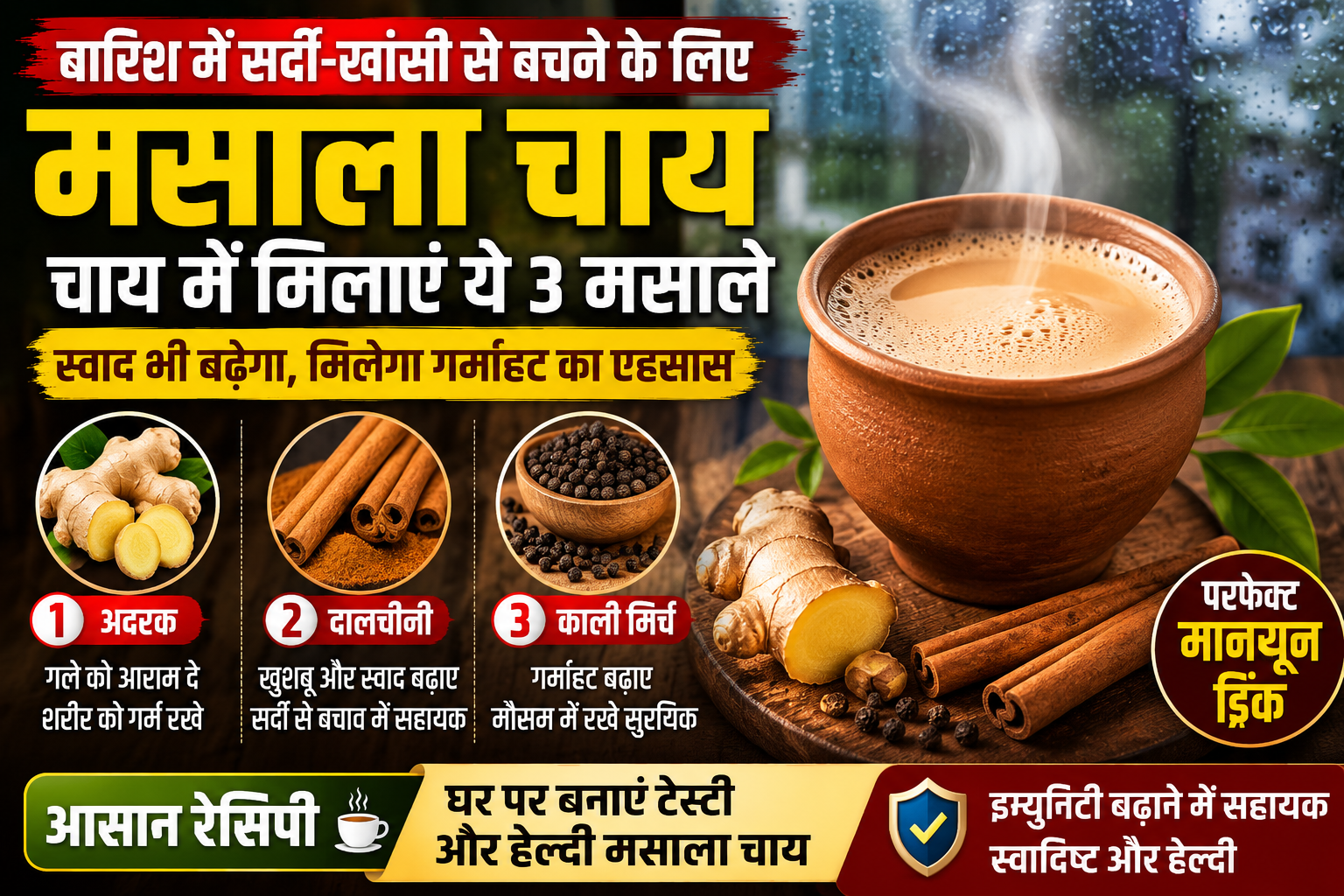 बारिश के मौसम में अदरक, दालचीनी और काली मिर्च से बनी मसाला चाय का कप।