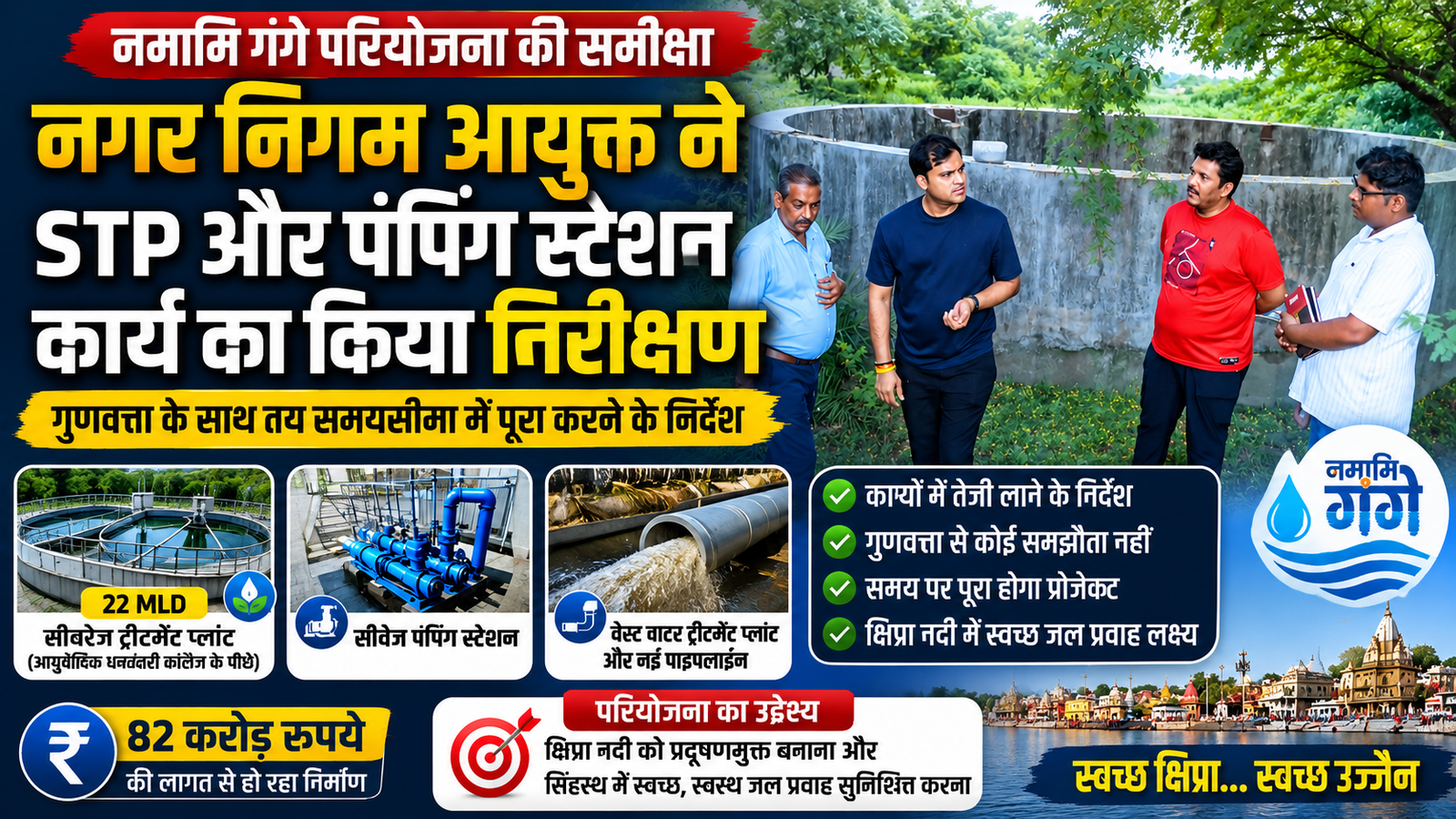 निर्माणाधीन सीवरेज ट्रीटमेंट प्लांट का निरीक्षण करते निगम आयुक्त अभिलाष मिश्रा और अधिकारी।