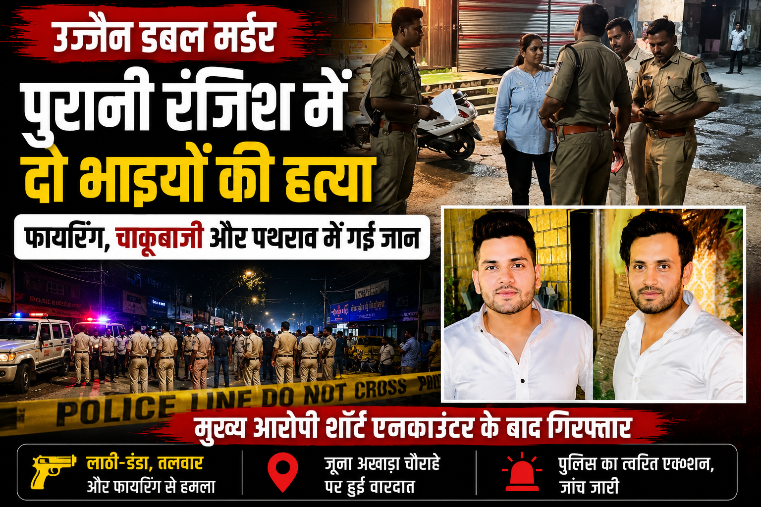 उज्जैन में डबल मर्डर मामले के बाद पुलिस मौके पर जांच करती हुई और मृतक युवकों की सांकेतिक तस्वीर।