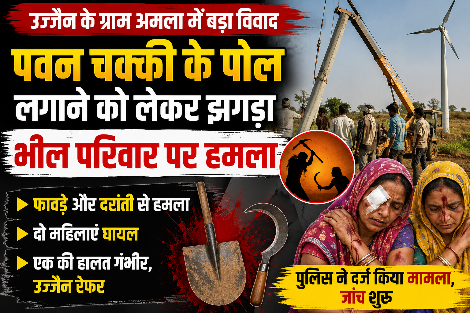 बड़नगर के ग्राम अमला में पवन चक्की के पोल लगाने को लेकर विवाद के बाद भील परिवार पर हमले की घटना।