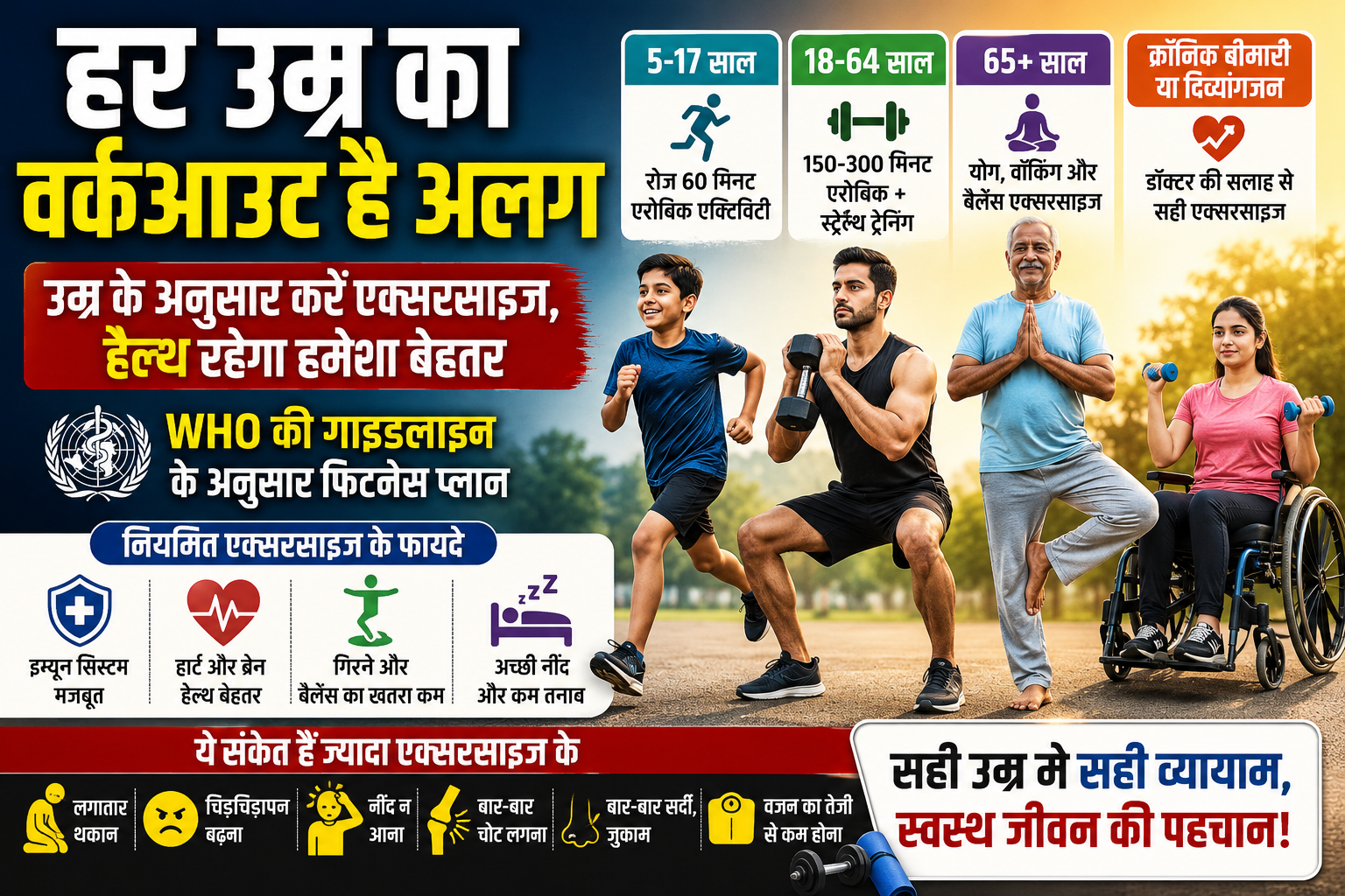 उम्र के अनुसार अलग-अलग वर्कआउट और एक्सरसाइज गाइडलाइन दर्शाता फिटनेस इन्फोग्राफिक।