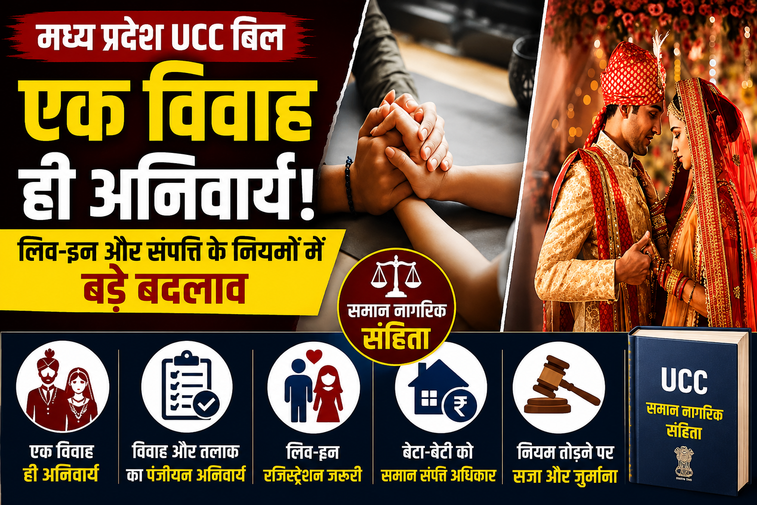 मध्य प्रदेश के प्रस्तावित समान नागरिक संहिता (UCC) बिल 2026 से जुड़े प्रमुख प्रावधानों को दर्शाता है।