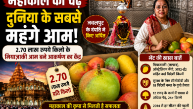 उज्जैन के श्री महाकालेश्वर मंदिर में भगवान महाकाल को अर्पित किए गए मियाज़ाकी और अन्य विदेशी प्रीमियम आम।