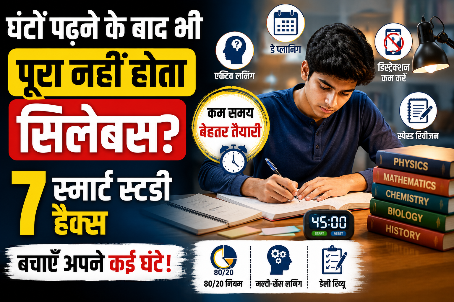 कम समय में सिलेबस पूरा करने के लिए पढ़ाई करता विद्यार्थी और सात स्मार्ट स्टडी हैक्स