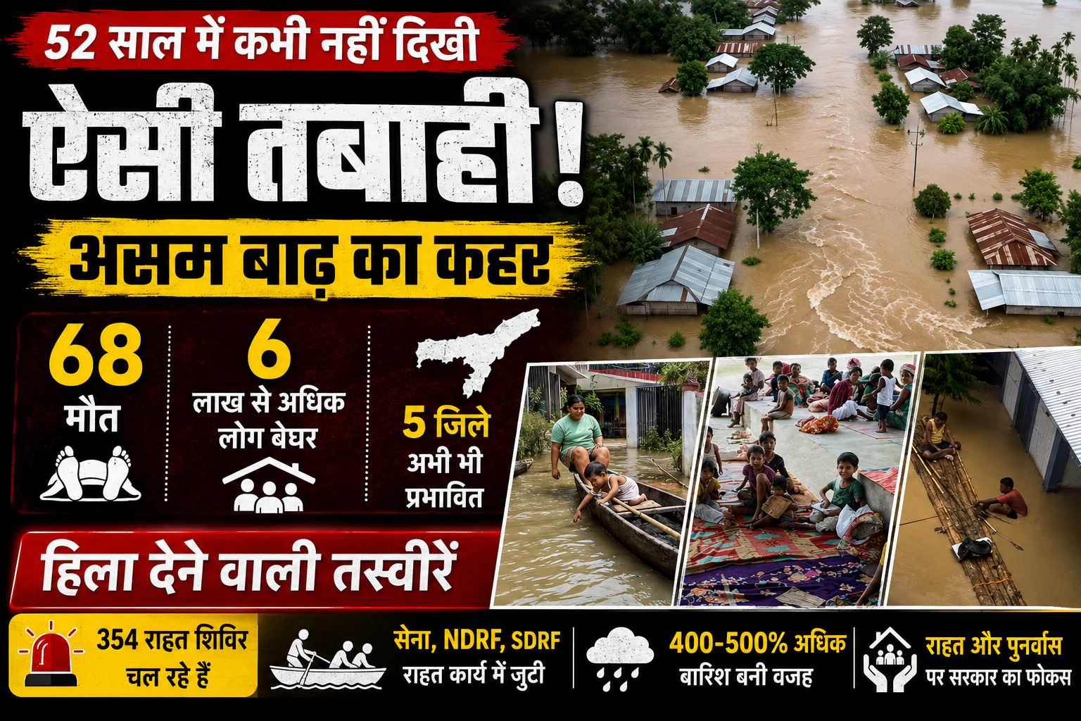 असम बाढ़: 68 लोगों की मौत, 5.24 लाख से अधिक आबादी प्रभावित