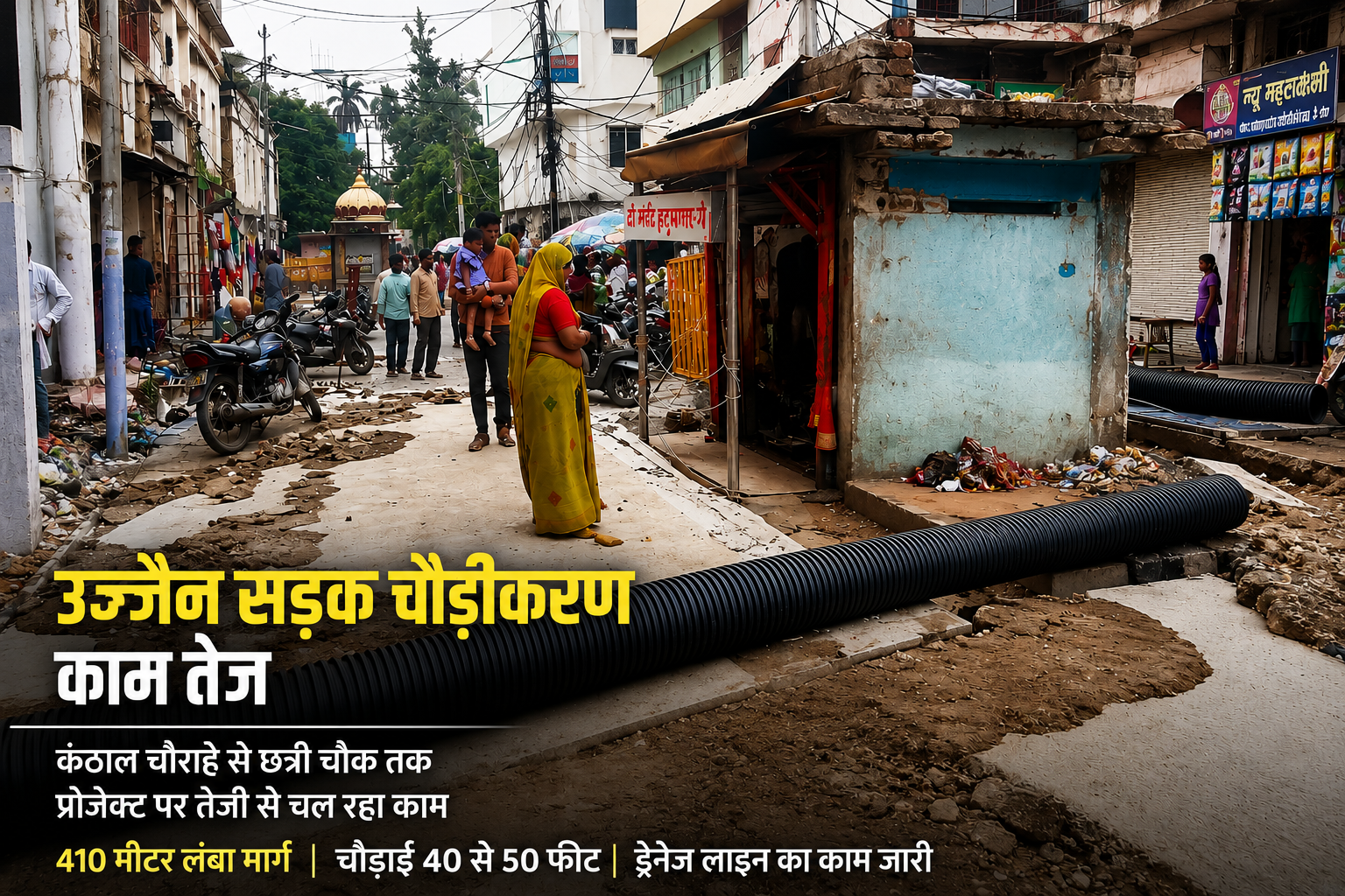 उज्जैन के कंठाल चौराहे से छत्री चौक तक सड़क चौड़ीकरण का चल रहा काम।
