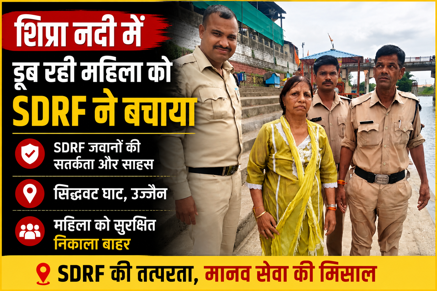 उज्जैन के सिद्धवट घाट पर पैर फिसलने से शिप्रा नदी में गिरी महिला को SDRF जवानों ने साहस और तत्परता से रेस्क्यू कर सुरक्षित बचा लिया।