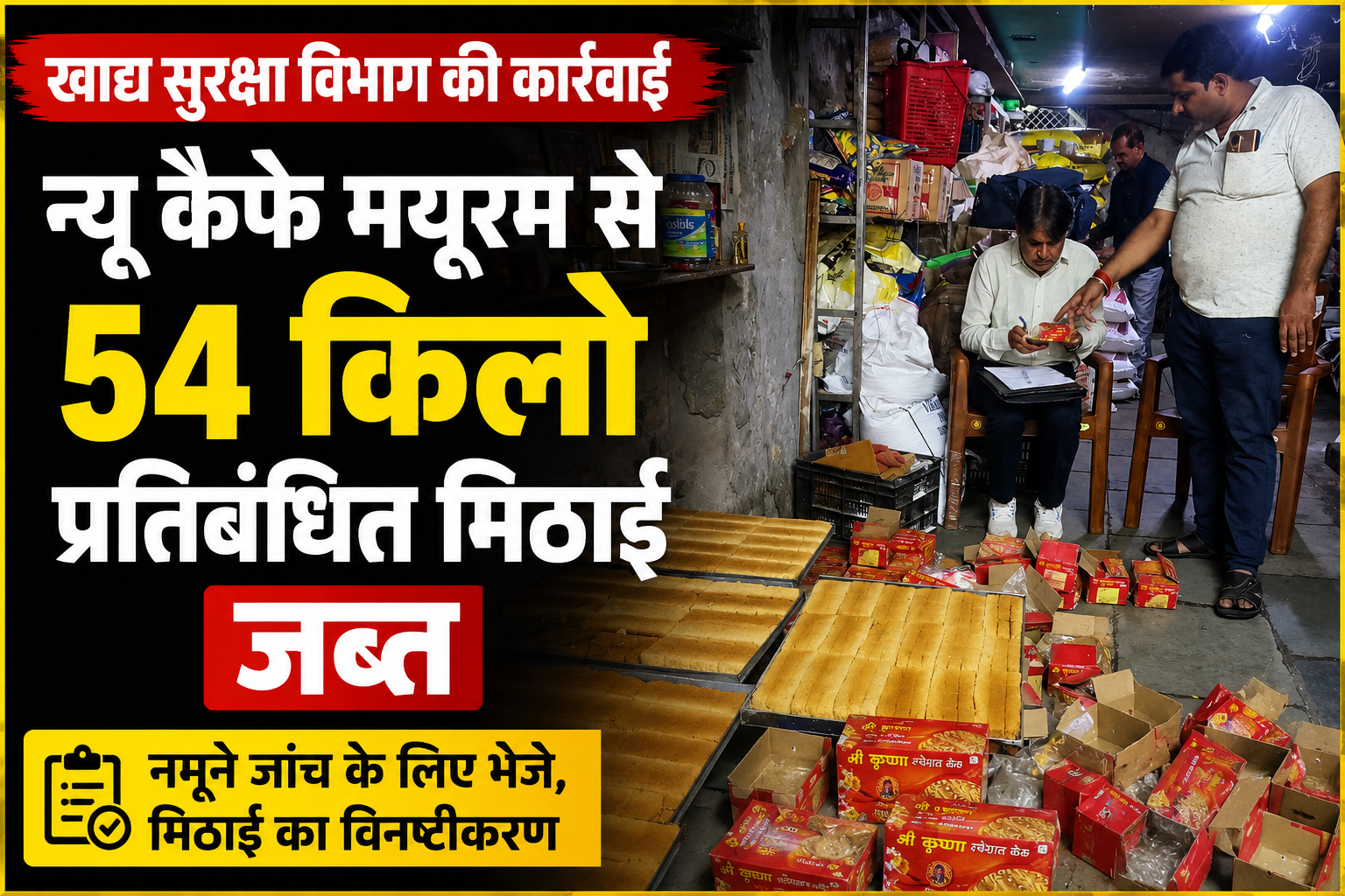 उज्जैन में खाद्य सुरक्षा विभाग की बड़ी कार्रवाई, न्यू कैफे मयूरम से 54 किलो मिठाई जब्त