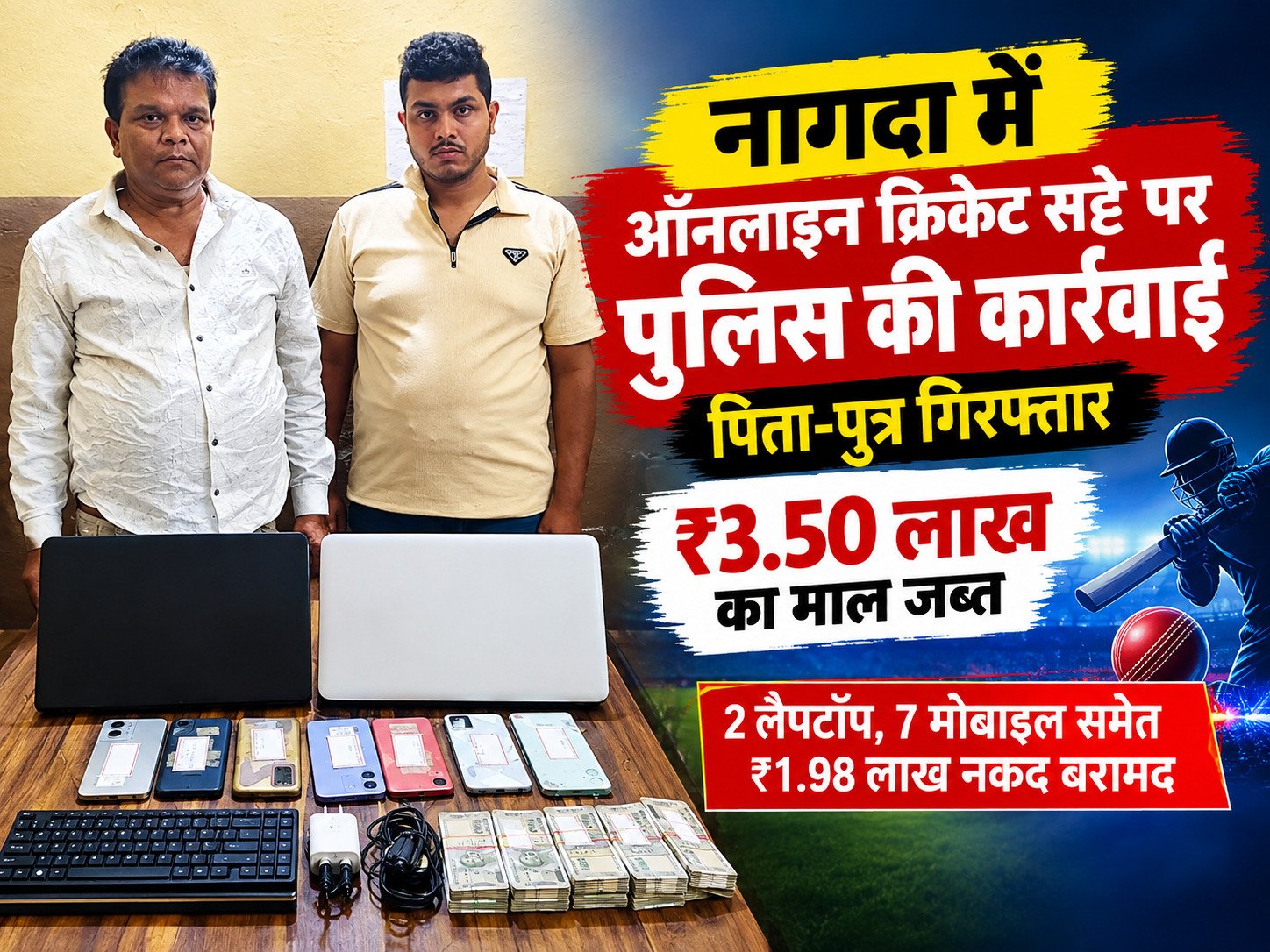 नागदा में क्रिकेट सट्टे पर पुलिस की कार्रवाई, पिता-पुत्र गिरफ्तार