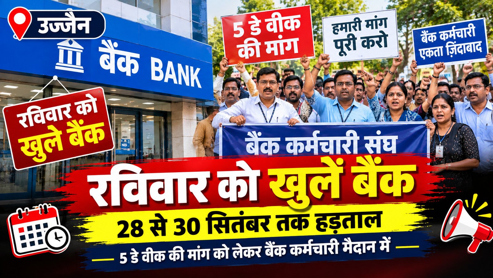 हड़ताल से पहले रविवार को खुले बैंक, 28 से 30 सितंबर तक हड़ताल, 5 डे वीक की मांग को लेकर बैंक कर्मचारी मैदान में