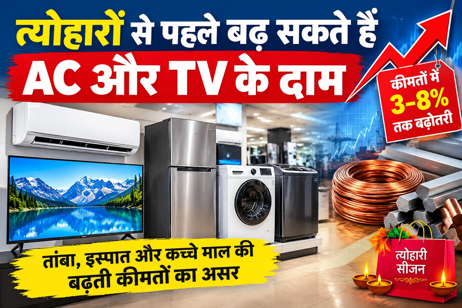 त्योहारी सीजन से पहले AC, TV और अन्य इलेक्ट्रॉनिक्स सामान महंगे हो सकते हैं। तांबा, इस्पात और कच्चे माल की बढ़ती कीमतों से कंपनियां दाम बढ़ाने की तैयारी में हैं।