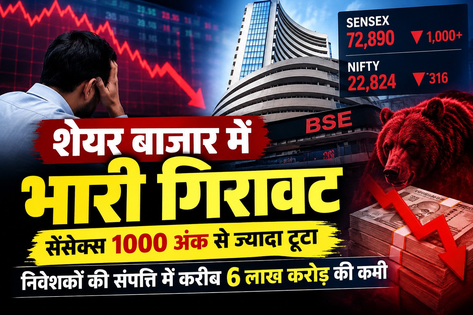 शेयर बाजार में भारी गिरावट: सेंसेक्स 1000 अंक से ज्यादा टूटा, निवेशकों की संपत्ति में करीब 6 लाख करोड़ की कमी